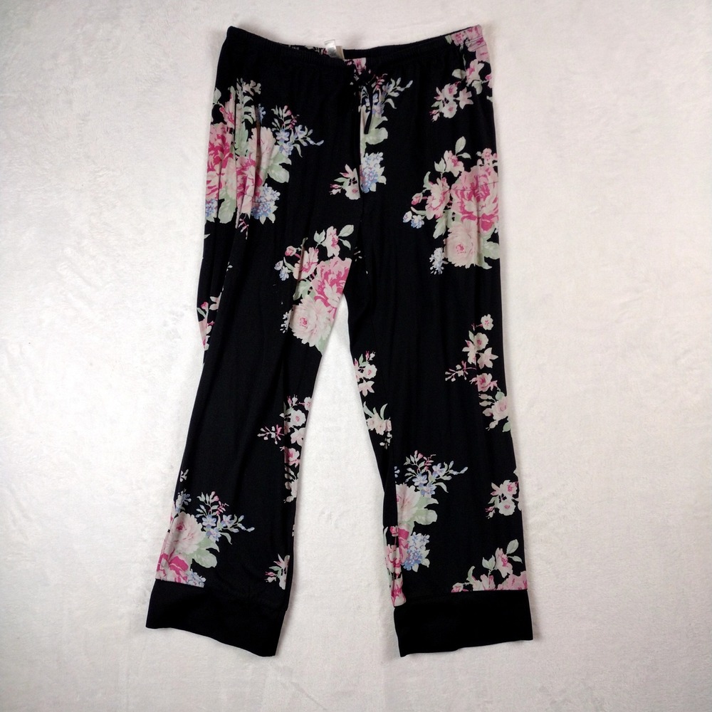Flora Nikrooz Black Floral Pajama Pants Large Pink Blue Flower Lounge Bottoms